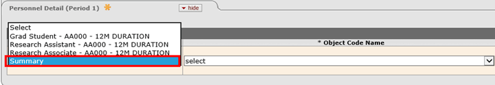 Personnel Detail panel with the Summary option highlighted in the Select dropdown box