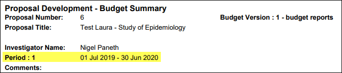 Budget period dates highlighted on example Budget Period