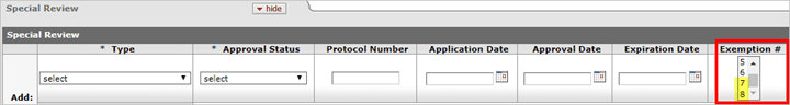 Special Review tab with exemptions 7 and 8 highlighted in the Exemption number list