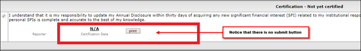 Indication of submit button missing from the certification section