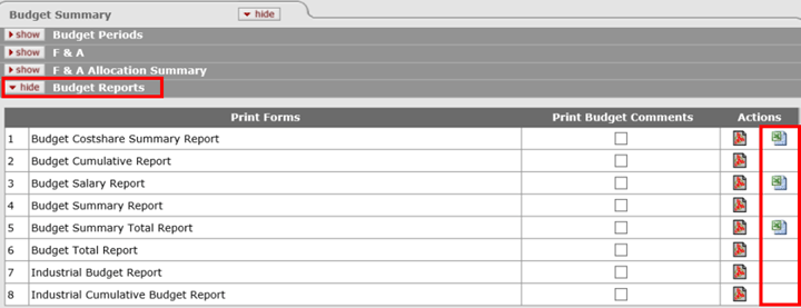 Excel Budget Reports indicated under the Actions column on the Budget Summary tab