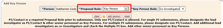 Proposal Role dropdown indicated on the Senior/Key Person Profile form