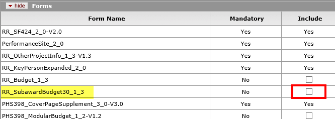 Subaward budget form checkbox on the S2S tab