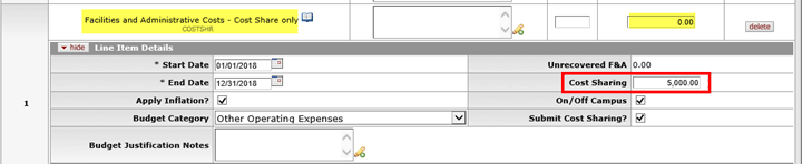 Line Item Details subpanel with F&A cost share expense fields highlighted