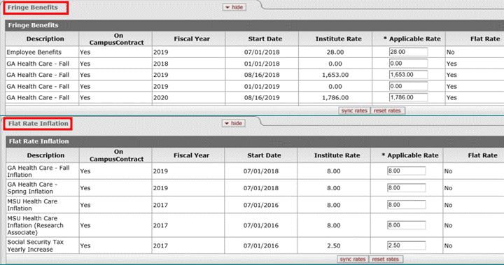 Sync rates buttons indicated on the Fringe Benefits and Flat Rate Inflation panels