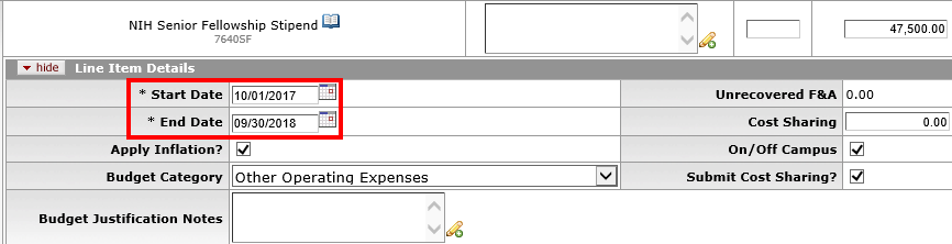 Start and End date field examples in the line item details of the KC NIH Senior Fellowship Stipend section