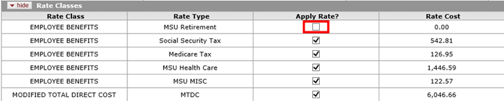 Example of the Rate Classes subpanel in KC with the Apply Rate? checkbox left unchecked for the retirement rate type