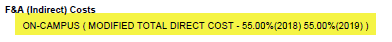 F&A costs correctly displayed in KC as modified total direct 55.00% (2018) and 55.00% (2019)