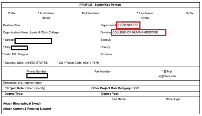 Example Key Person Expanded Form showing Biogenetics as department and College of Human Medicine as division