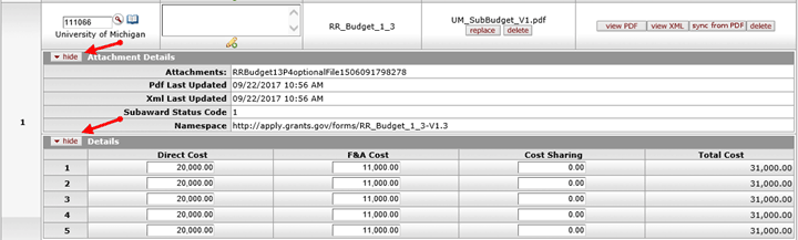 Attachment Details and Details subpanels expanded after subaward budget template added