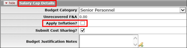 Apply Inflation checkbox highlighted on the Salary Cap Details panel