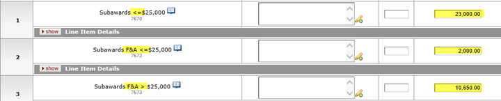 Example year one object codes showing two line items for Direct Costs for less than or equal to $25,000; F&A Cost has been entered for over $25,000