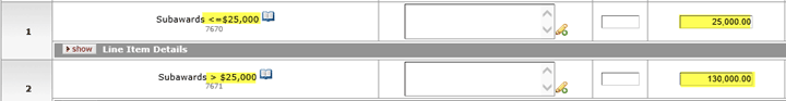 Example year one object codes showing Direct Costs less than or equal to $25,000 as well as another line item for direct costs over $25,000