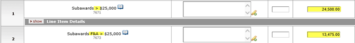 Example year two object codes showing both Direct and F&A Costs as over $25,000