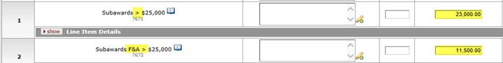 Example year three object codes showing both Direct and F&A Costs as greater than $25,000