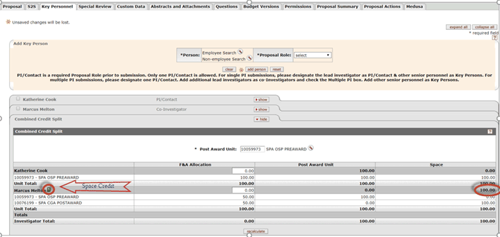 Key person with space credit indicated on the Combined Credit Split panel