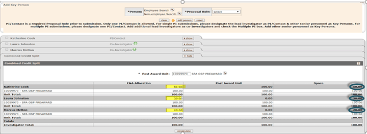 Example of Combined Credit Split panel showing three key users without space credits and corresponding F and A values used in the Space Credit column