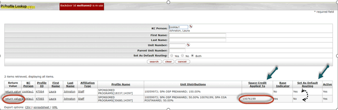 Return value link highlighted for the example key person with a space credit