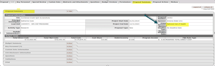 Prime Sponsor field highlighted on the Proposal Summary tab