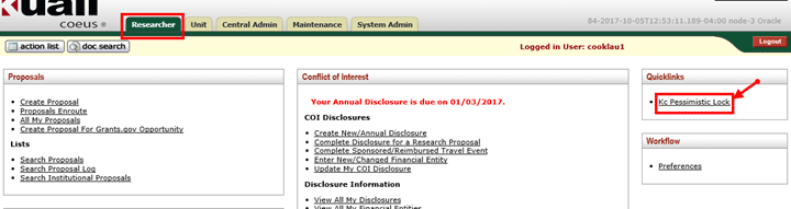 KC Pessimistic Lock link indicated on the KC Researcher Tab