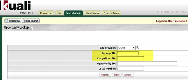 New Package ID and Competition ID fields indicated on the Opportunity Lookup panel