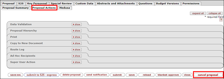 Cancel Proposal button indicated on Proposal Actions tab