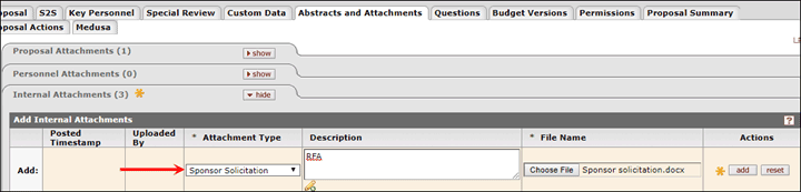 Sponsor Solicitation dropdown choice highlighted in the Attachment Type column