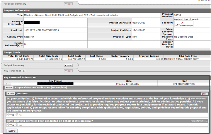 Example of certification questions expanded in the Key Personnel Information panel