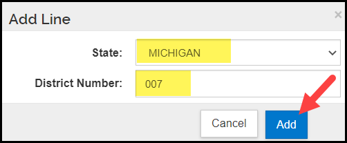 image highlighting the text input boxes and add button for adding congressional district