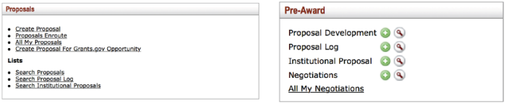 The Proposal Channel contains the options of Create Proposal, Proposals Enroute, All My Proposals and Create Proposal for Grants.gov Opportunity along with List options of Search Proposals, Search Proposal Log and Search Institutional Proposals