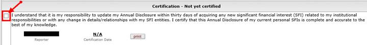 Checkbox on the Certification panel to indicate understanding of conflict of interest reporting responsibility