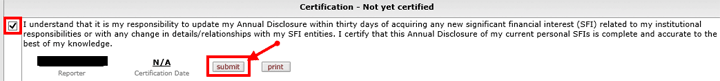 Submit button for submitting conflict of interest report
