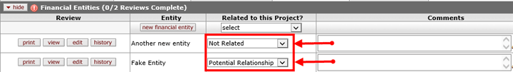 Examples of Related to this Project drop down answers, such as Not Related and Potential Relationship