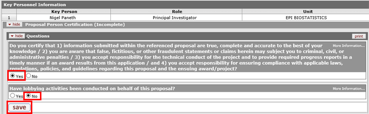 Proposal Person Certification questions highlighted on the Questions subpanel