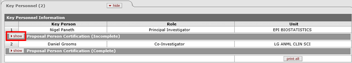 Show button highlighted on the Proposal Person Certification subpanel