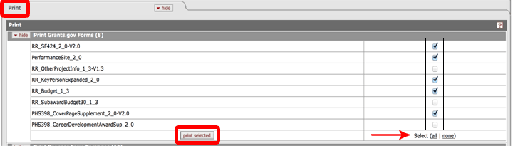 Print Grants.gov Forms subpanel expanded to show print toggle options and print selected button