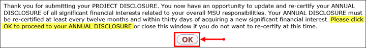 OK button for updating annual disclosure