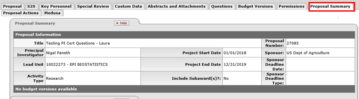 Proposal Summary screen displaying example proposal summary information