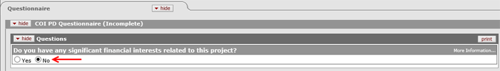 No selected in response to significant financial interests question on the Screening Questionnaire panel