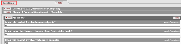 Example of questionnaire subpanel expanded to show questions