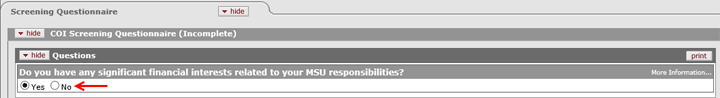 Default yes response to significant financial interests question highlighted on the Screening Questionnaire panel