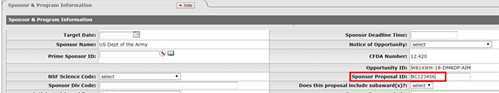 Sponsor and Program Information panel with the Sponsor Proposal ID field highlighted
